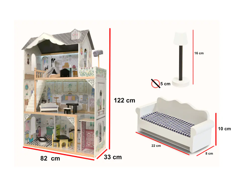 Dollhouse wooden MDF + furniture 120cm XXL LED