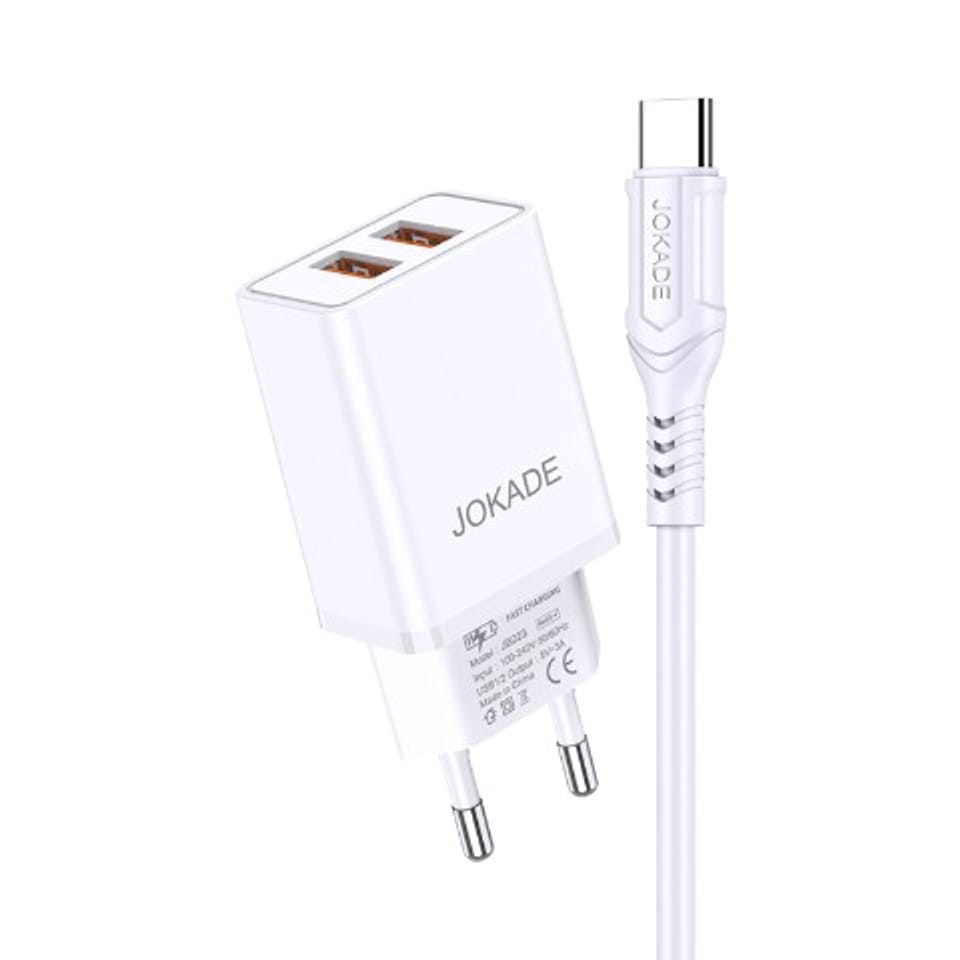 Ładowarka Sieciowa 5V/3A (2x USB) + Kabel 1m (USB - USB-C) Jokade Liangzi Dual Port Smart Charger Set (JB024) biały