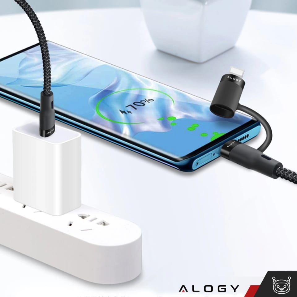 Kabel 2w1 Alogy USB-C typ C do Lightning PowerDelivery do Apple iPhone PD 60W 100cm 1M przejściówka adapter Czarny