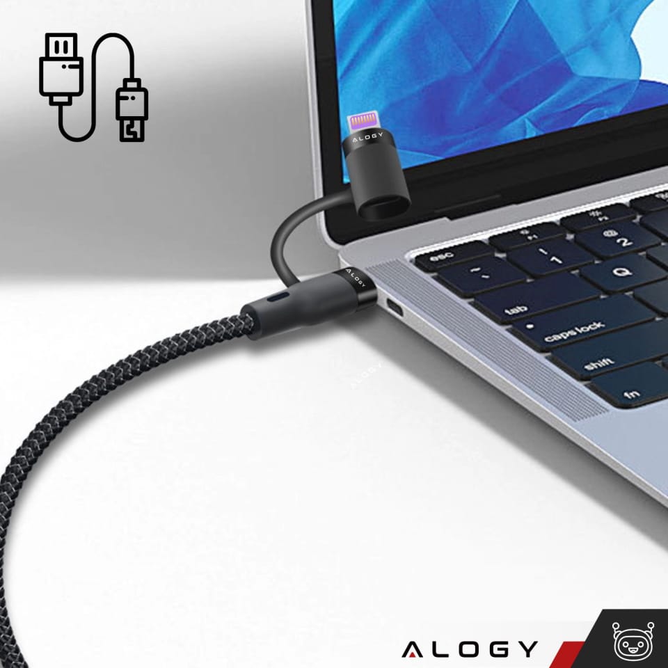 Kabel 2w1 Alogy USB-C typ C do Lightning PowerDelivery do Apple iPhone PD 60W 100cm 1M przejściówka adapter Czarny