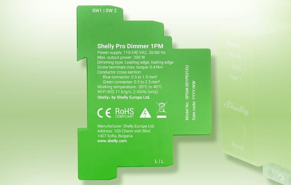 1-kanałowy ściemniacz na szynę DIN Shelly Pro Dimmer 1 WiFi/Bluetooth