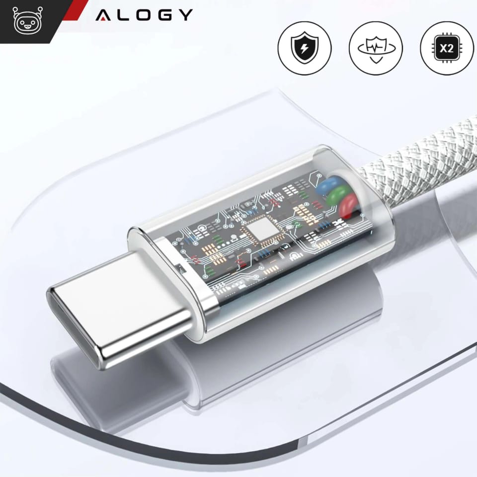 Kabel USB-C typ C mocny szybki PD 2M do iPhone 15 Alogy nylonowy przewód Biały