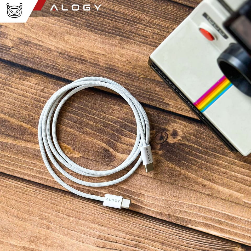 Kabel USB-C typ C mocny szybki PD 2M do iPhone 15 Alogy nylonowy przewód Biały