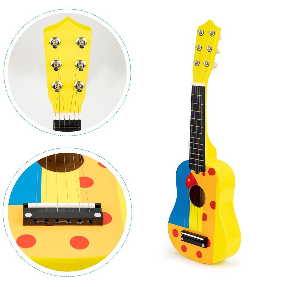 Gitara dla dzieci drewniana metalowe struny kostka- żółta ECOTOYS