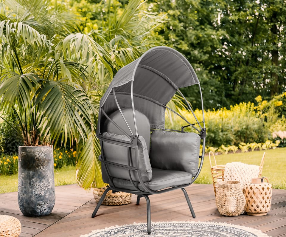 Fotel ogrodowy kokon ze składanym daszkiem szary ModernHome