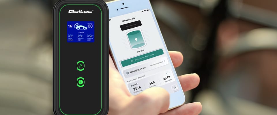 Qoltec Mobilna ładowarka do samochodu elektrycznego EV z regulacją 2w1 Typ2 | 11kW | Wi-fi | LCD | 3 fazy | Przenośna | Wallbox | 5m