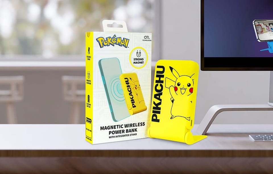 Powerbank magnetyczny OTL 5000 mAh, USB-C 15W, Pokemon Pikatchu ze stojakiem (żółty)