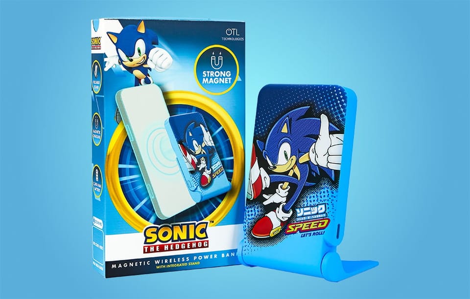 Powerbank magnetyczny OTL 5000 mAh, USB-C 15W, Sonic The Hedgehog ze stojakiem (niebieski)