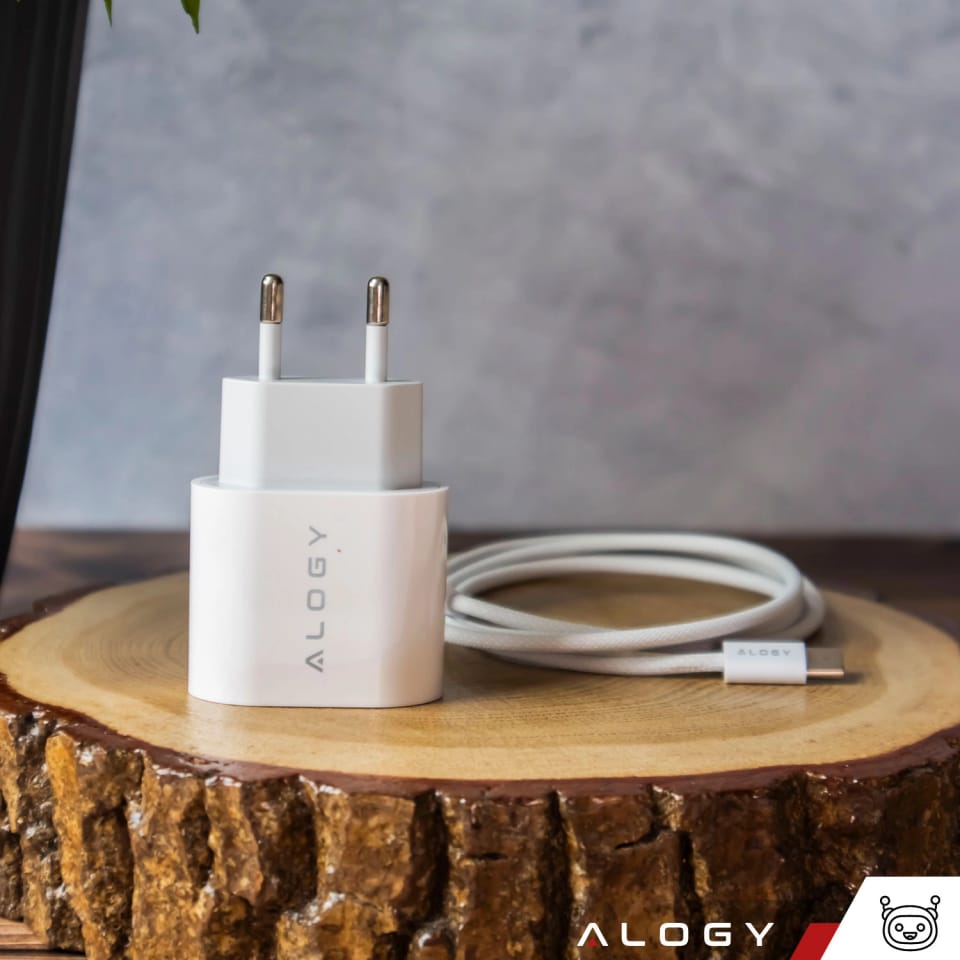 Ładowarka sieciowa szybka mocna 35W USB-C USB typ C PD GaN do iPhone 15 +Kabel type-C 1m Alogy Biała