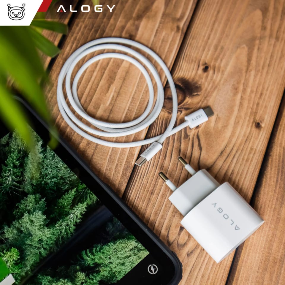 Ładowarka sieciowa szybka mocna 35W USB-C USB typ C PD GaN do iPhone 15 +Kabel type-C 1m Alogy Biała