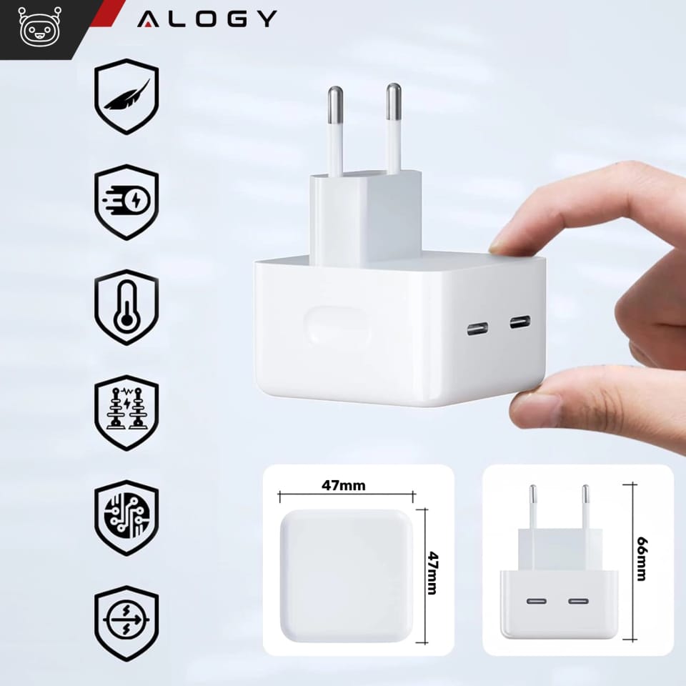 Ładowarka sieciowa szybka 35W 2x USB-C USB typ C PD do iPhone Alogy 2-portowa kostka Biała