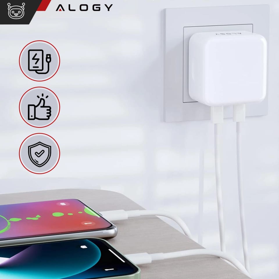 Ładowarka sieciowa szybka 35W 2x USB-C USB typ C PD do iPhone Alogy 2-portowa kostka Biała