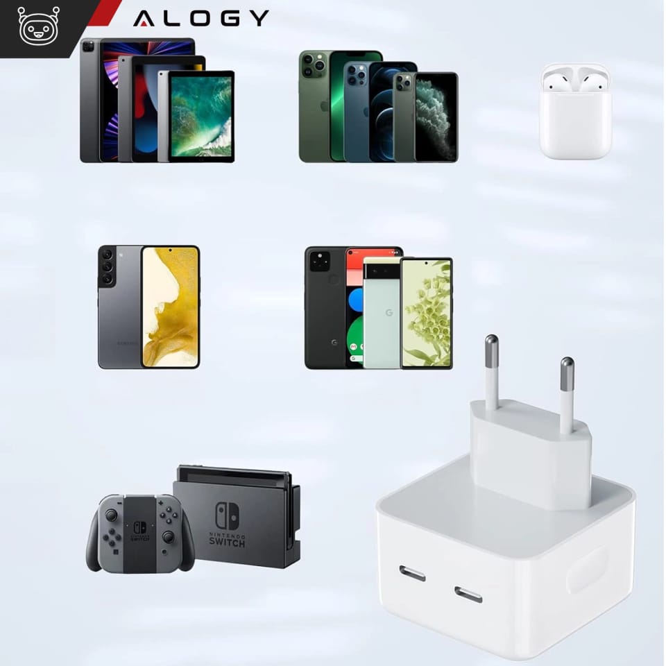 Ładowarka sieciowa szybka 35W 2x USB-C USB typ C PD do iPhone Alogy 2-portowa kostka Biała