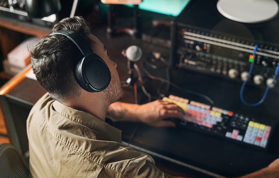 mężczyzna w czarnych słuchawkach nausznych pracujący w studiu nagraniowym