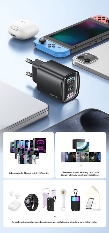 USAMS Ład. siec. CC229 30W GaN USB-C/USB-A Fast Charging XC Series czarny/black CC229TC01