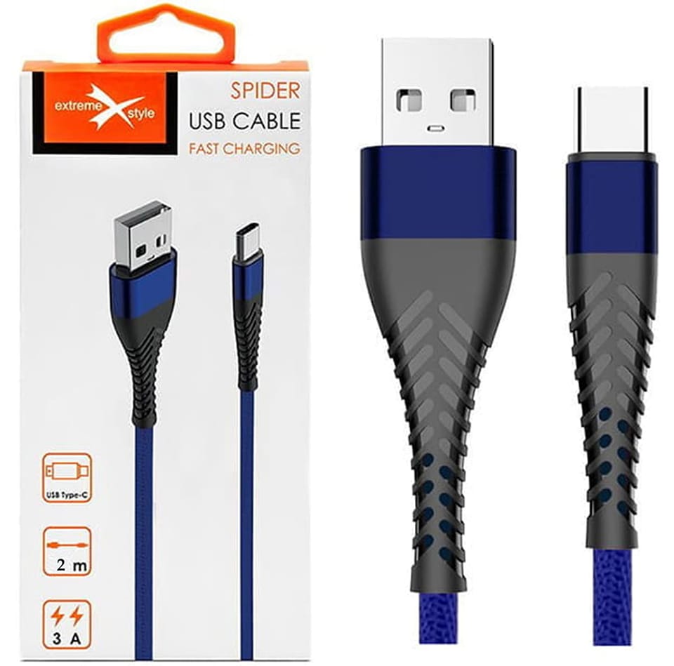 Kabel USB Typ-C z oplotem Spider (3 m, niebieski)