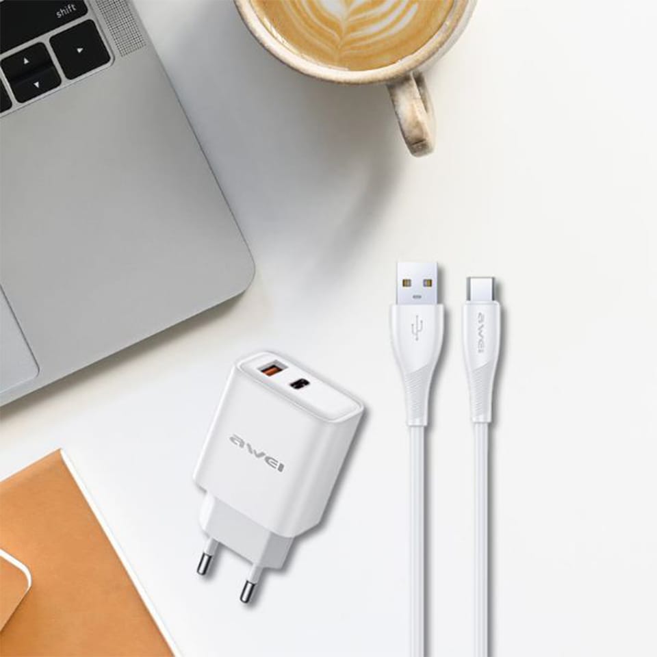 AWEI ład. siec. PD81L-EU 22.5W + kabel USB + Lightning biała/white GaN