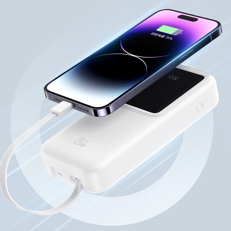 USAMS Powerbank z wbudowanymi kablami USB-C+Lightning 30000 mAh 20W PD+Qc 3.0 Fast Charge X-chel Series fioletowy/purple 30KCD21303 (US-CD213)