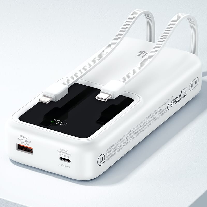 USAMS Powerbank z wbudowanymi kablamiUSB-C+Lightning 30000 mAh 20W PD+Qc 3.0 Fast Charge X-chel Series czarny/black 30KCD21301 (US-CD213)