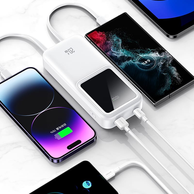 USAMS Powerbank z wbudowanymi kablami USB-C+Lightning 30000 mAh 20W PD+Qc 3.0 Fast Charge X-chel Series fioletowy/purple 30KCD21303 (US-CD213)