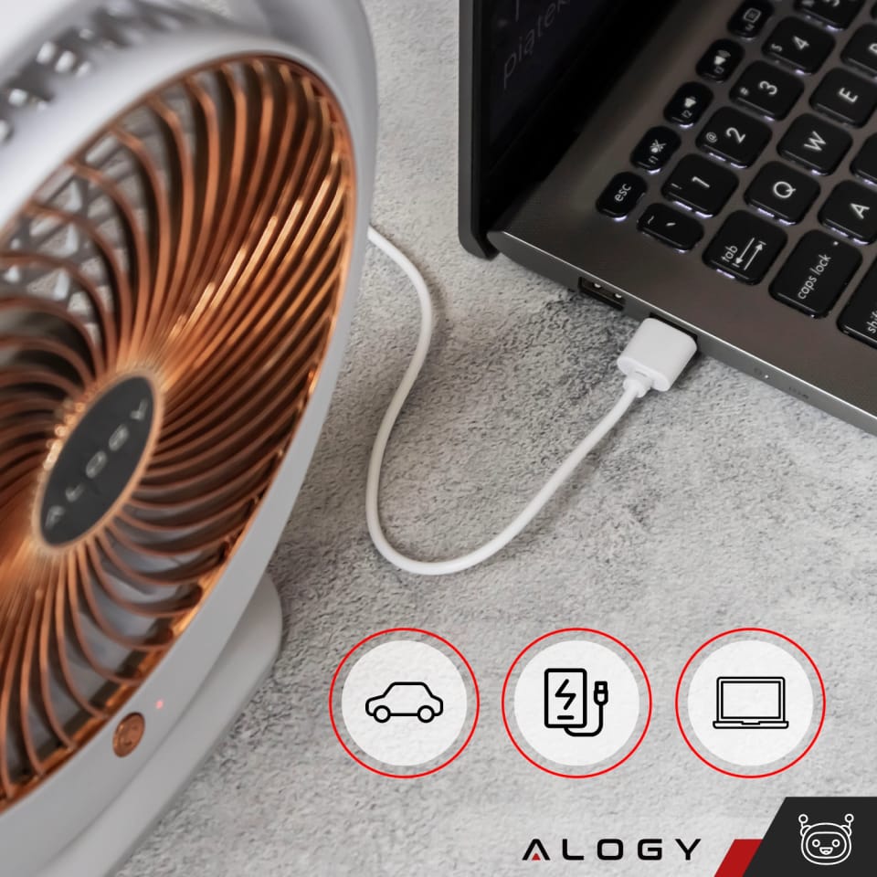Wentylator wiatrak biurkowy stojący mocny mały przenośny bezprzewodowy 1200mAh USB-C Alogy Biały