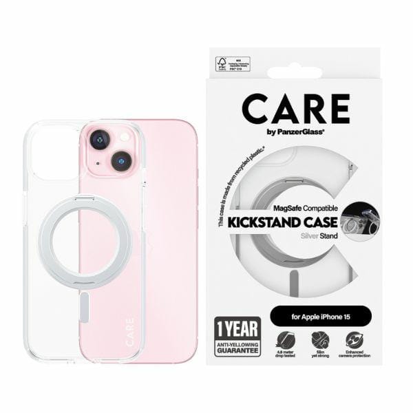 CARE by PanzerGlass Kickstand Case iPhone 15 6,1" MagSafe srebrny/silver 1413