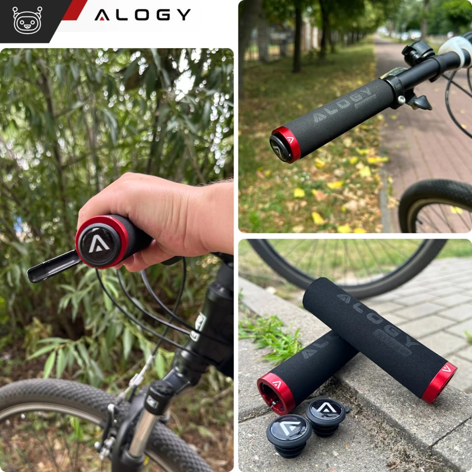 Chwyty gripy rowerowe rączki do kierownicy roweru ergonomiczne antypoślizgowe redukujące wibracje na rower Alogy [2szt.]  Czarno-Czerwone