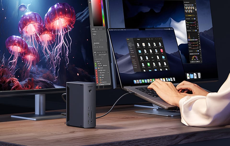 Stacja dokująca Ugreen U710, 2x Thunderbolt 4, DisplayPort 8K 30Hz, 4x USB, USB-C, RJ45, SD/TF, AUX, PD 90W (szara)