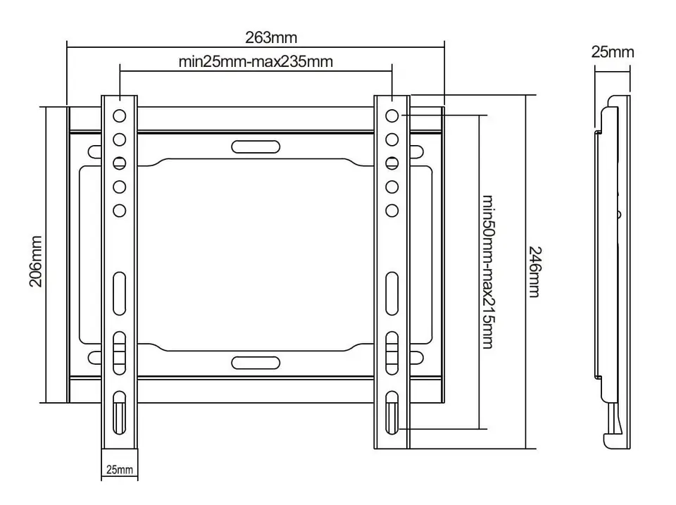 Grafika z wymiarami uchwytu ściennego TV