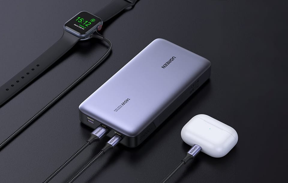 Powerbank 25000mAh Ugreen PB205, USB + 2x USB-C, 145W PD (szary)