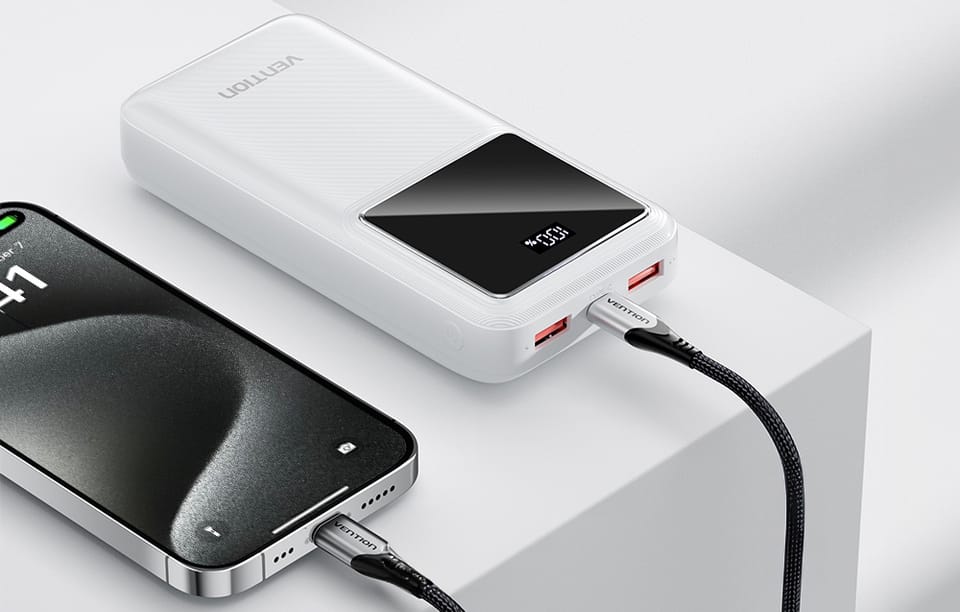 Powerbank, Vention, FHLW0, 20000mAh, Micro-USB, USB-C, 2xUSB-A, 22.5W (biały)