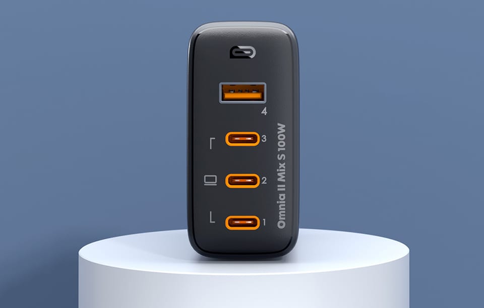 Ładowarka sieciowa Aukey PA-B7S, 1xUSB-A, 3xUSB-C, 100W GaN (czarna)
