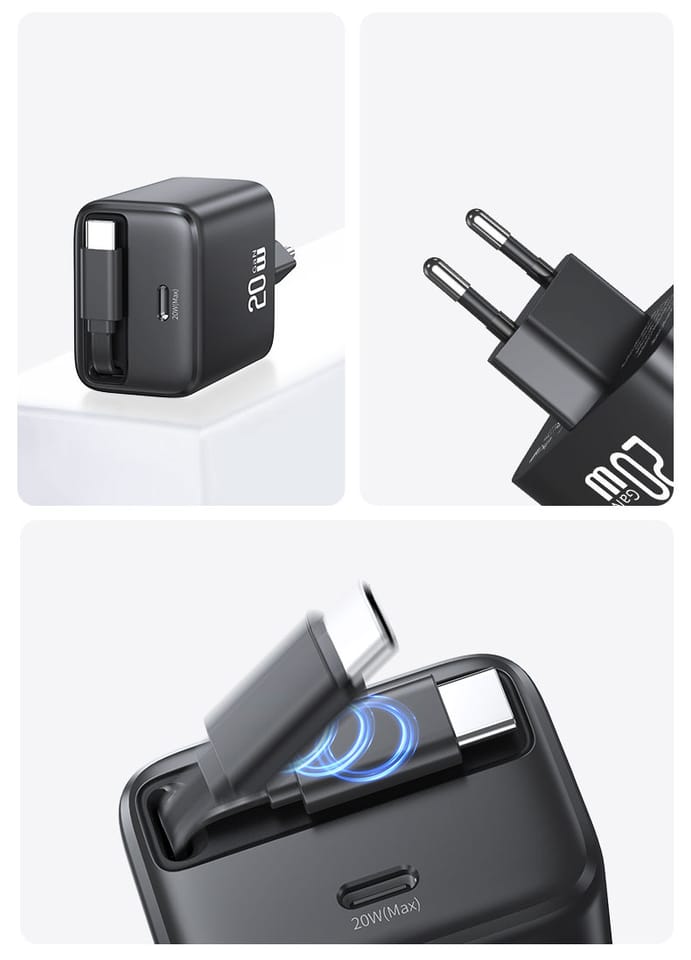 USAMS Ład. siec. 1xUSB-C ze zwijanym kablem USB-C Retractable PD+QC 20W Gan Fast Charging czarny/black YC Series CC233TC01 (US-CC233)