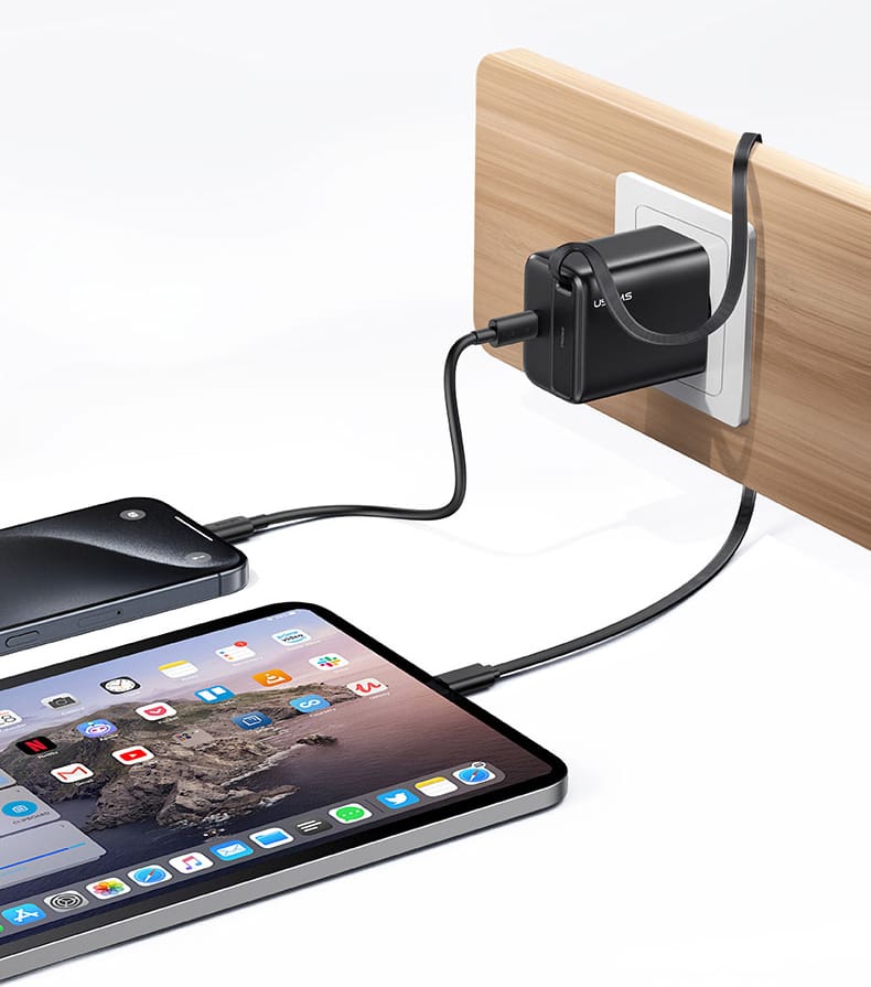 USAMS Ład. siec. 1xUSB-C ze zwijanym kablem USB-C Retractable PD+QC 20W Gan Fast Charging czarny/black YC Series CC233TC01 (US-CC233)