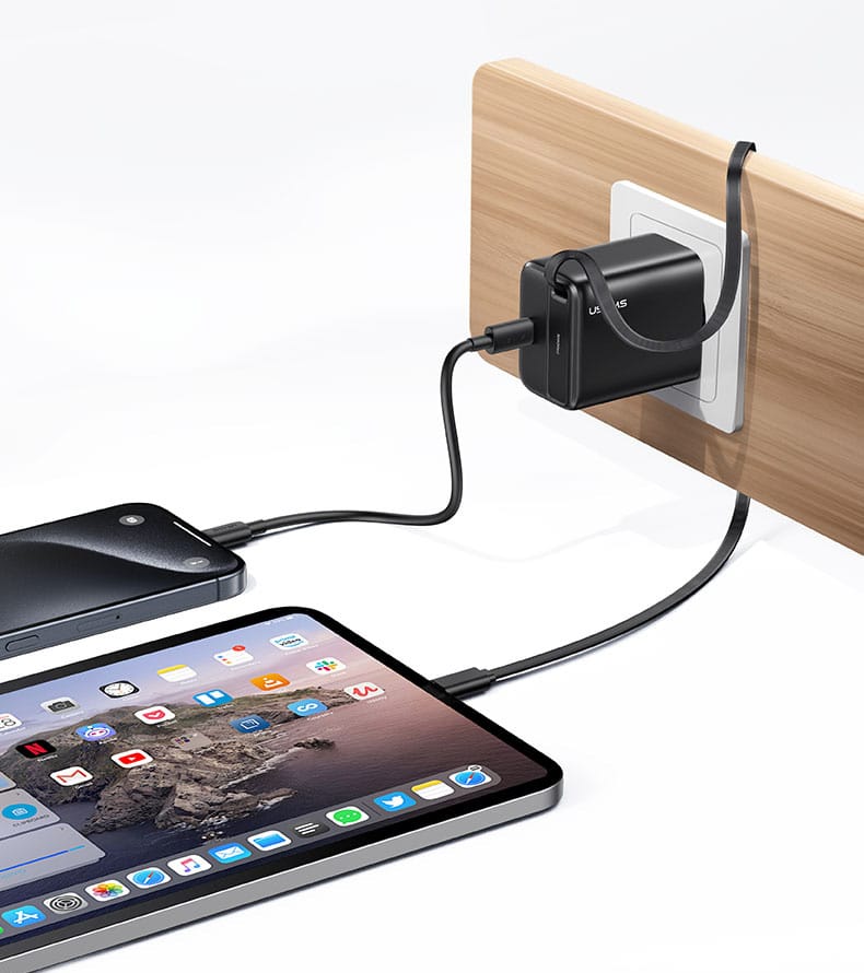 USAMS Ład. siec. 1xUSB-C ze zwijanym kablem USB-C Retractable PD+QC 30W Gan Fast Charging czarny/black YC Series CC241TC01 (US-CC241)