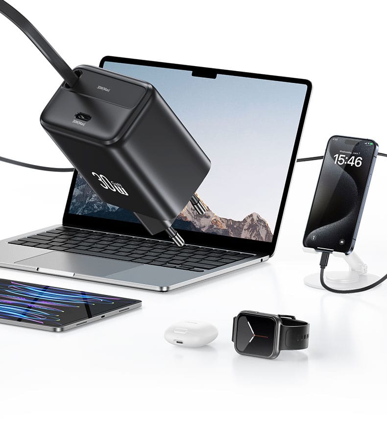 USAMS Ład. siec. 1xUSB-C ze zwijanym kablem USB-C Retractable PD+QC 30W Gan Fast Charging biały/white YC Series CC241TC02 (US-CC241)