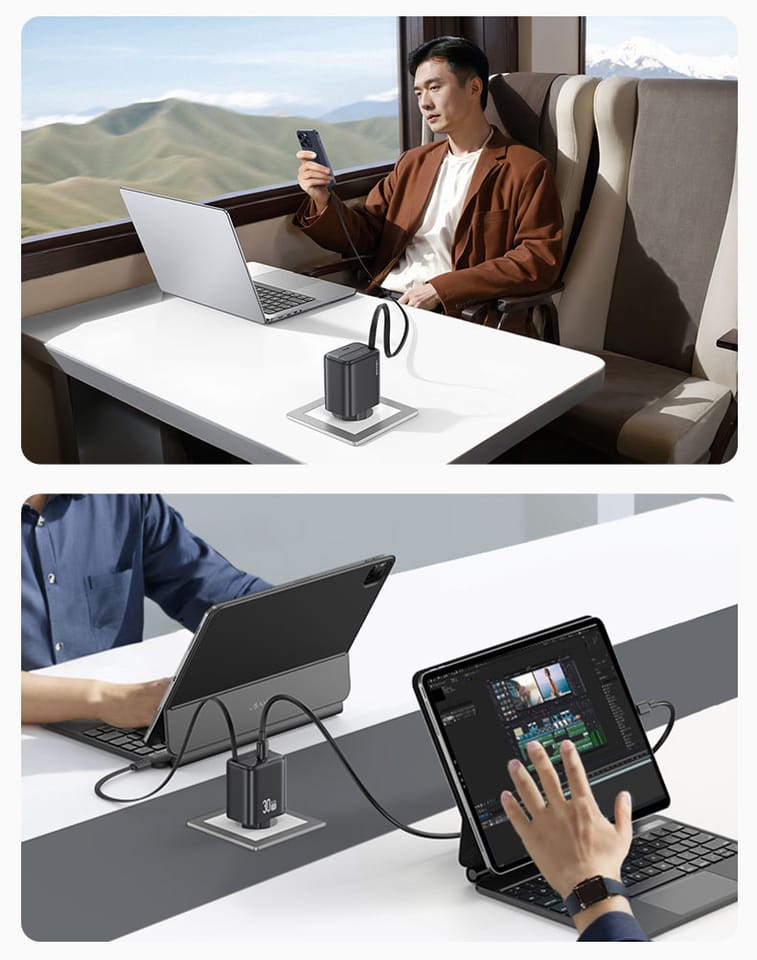 USAMS Ład. siec. 1xUSB-C ze zwijanym kablem USB-C Retractable PD+QC 30W Gan Fast Charging biały/white YC Series CC241TC02 (US-CC241)