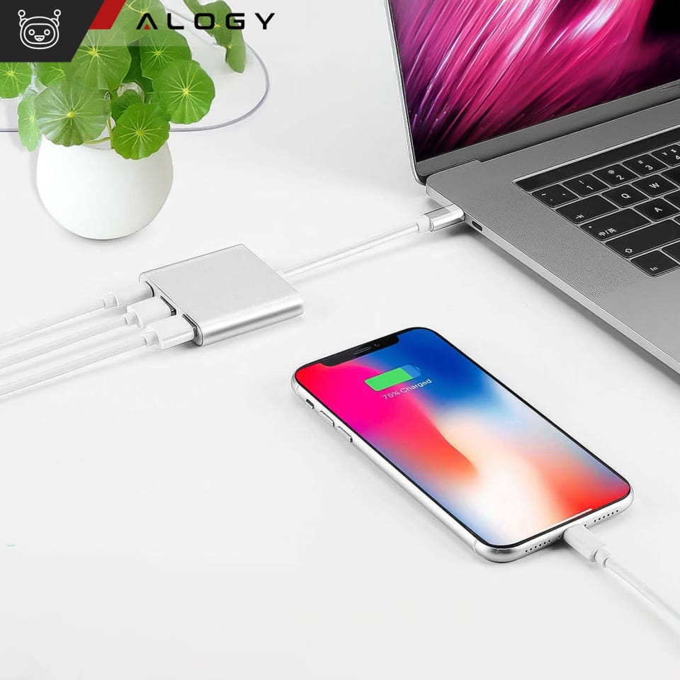 Adapter HUB 3w1 Alogy przejściówka USB-C 3.0 HDMI USB-A Srebrny