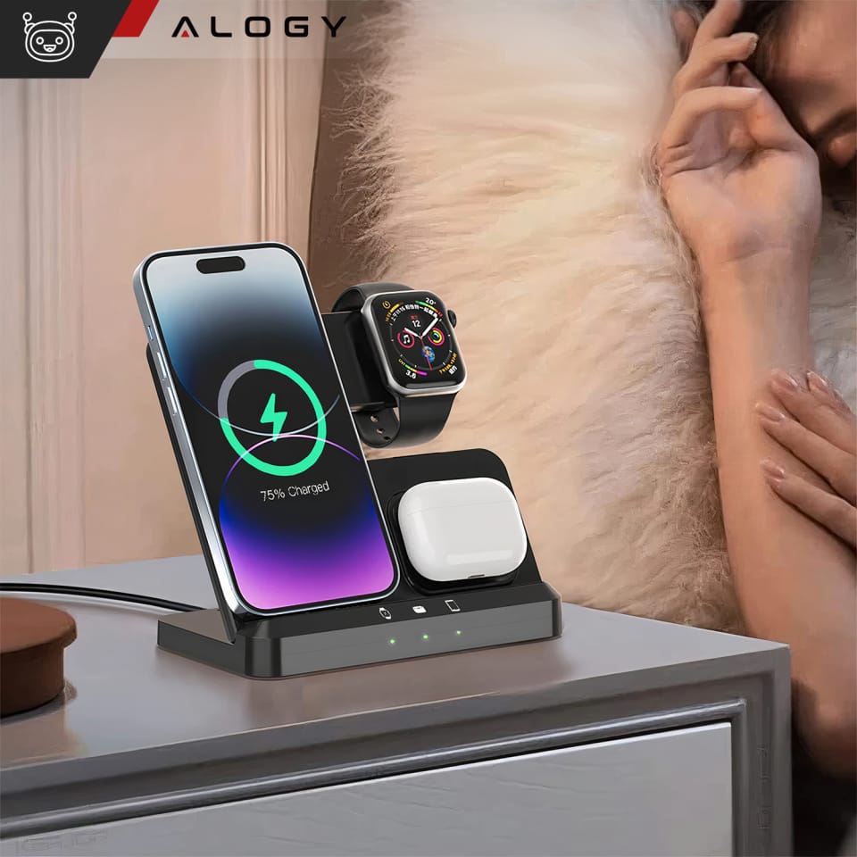 Ładowarka Bezprzewodowa Indukcyjna Qi QC 3.0 3w1 Szybka do Apple iPhone Airpods Watch Stacja ładująca 15W czarna