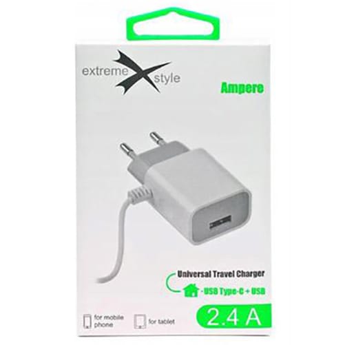 Ładowarka sieciowa Typ-C + gniazdo USB 2.4A (biały)