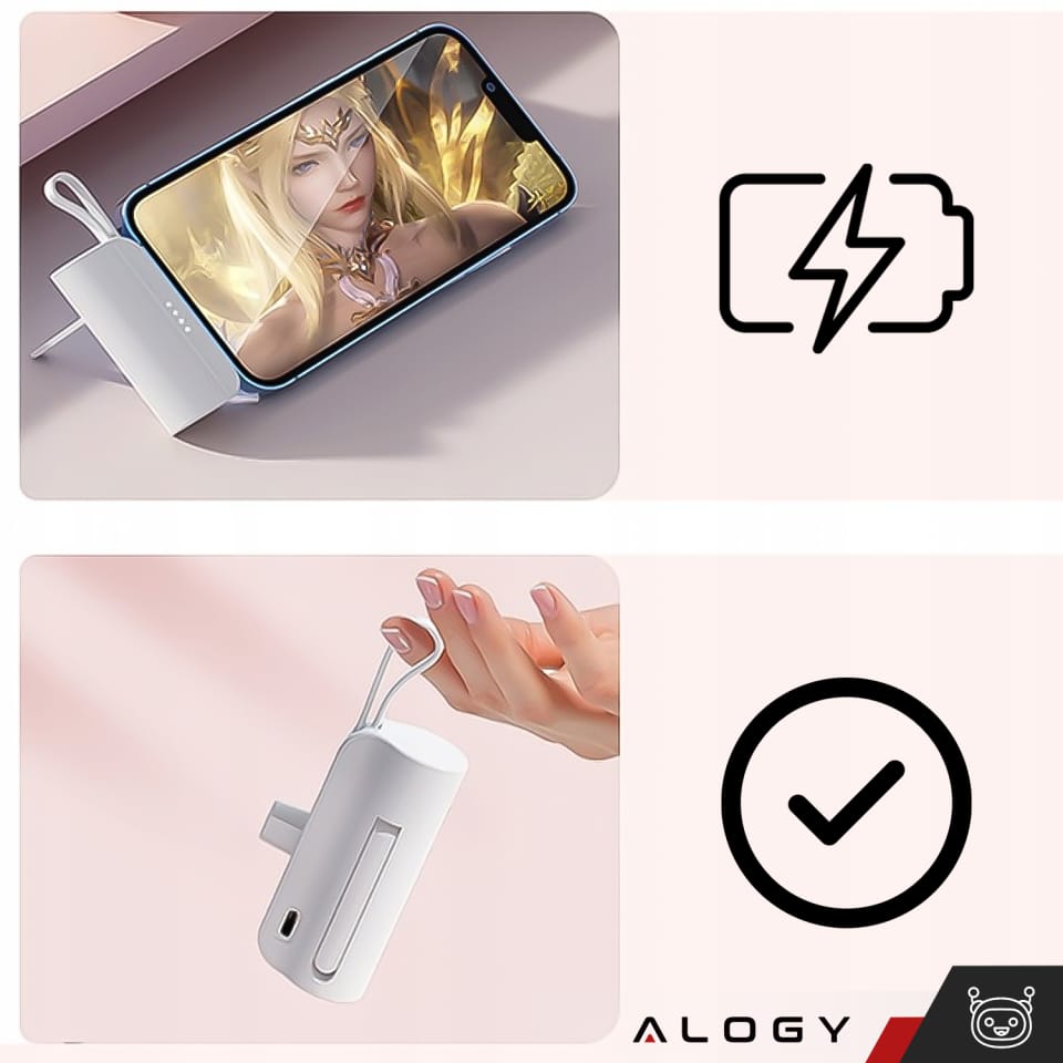 PowerBank 5000mAh Alogy bank energii kieszonkowy mały ładowarka zewnętrzna Power Bank USB-C i lightning Biały