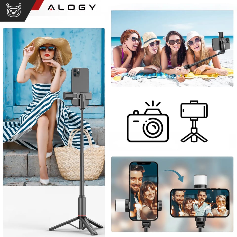 Selfie stick kijek Statyw Tripod uchwyt do telefonu zdjęć Lampa LED + Pilot Bluetooth 75.8cm Alogy czarny