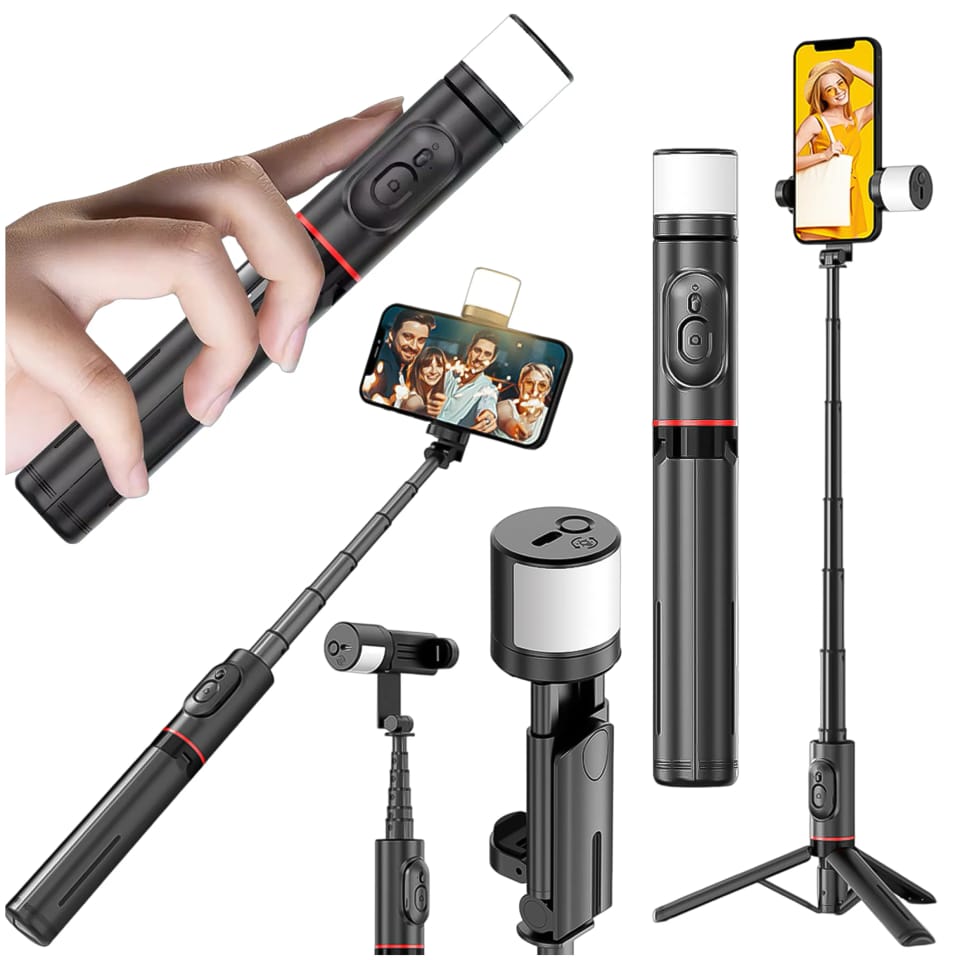 Selfie stick kijek Statyw Tripod uchwyt do telefonu zdjęć Lampa LED + Pilot Bluetooth 75.8cm Alogy czarny