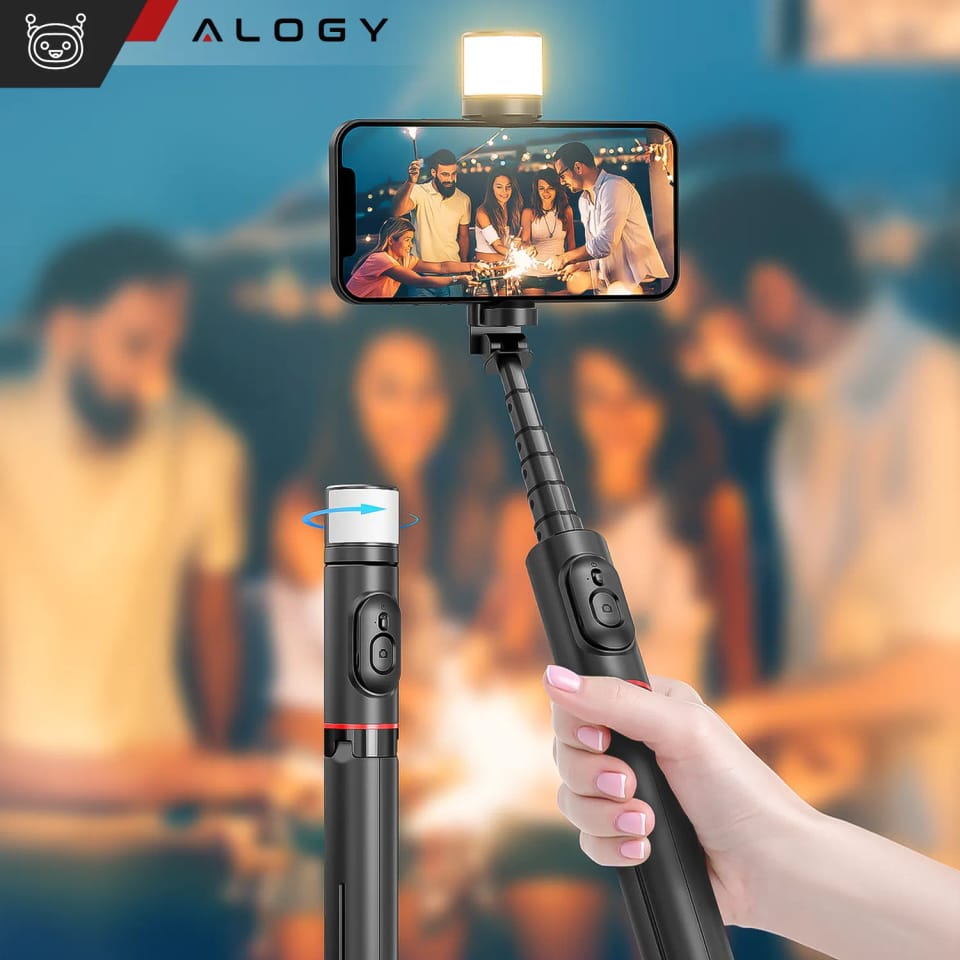 Selfie stick kijek Statyw Tripod uchwyt do telefonu zdjęć Lampa LED + Pilot Bluetooth 75.8cm Alogy czarny