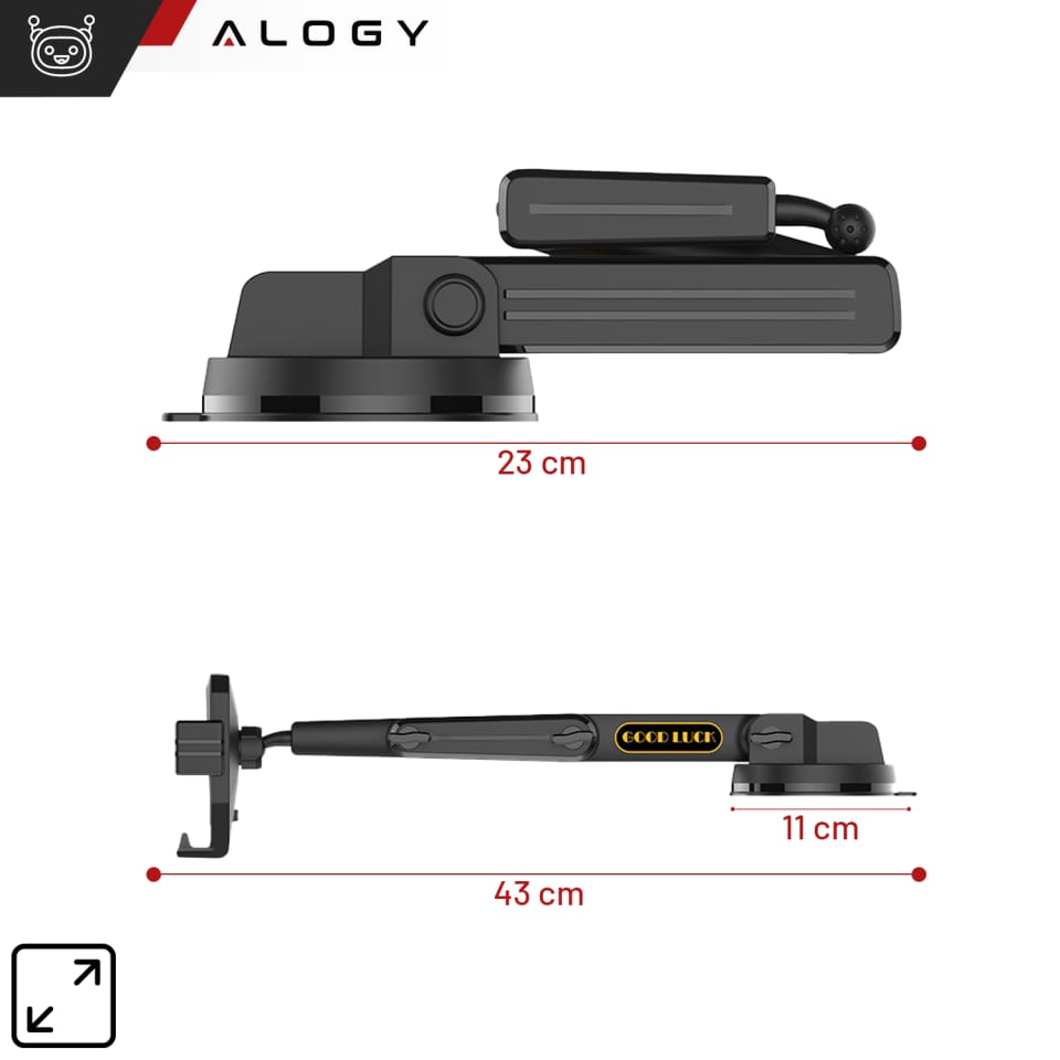 Uchwyt samochodowy na telefon 7.2" do tira busa ciężarówki koparki samochodu Długi 43cm na szybę kokpit Alogy Czarny