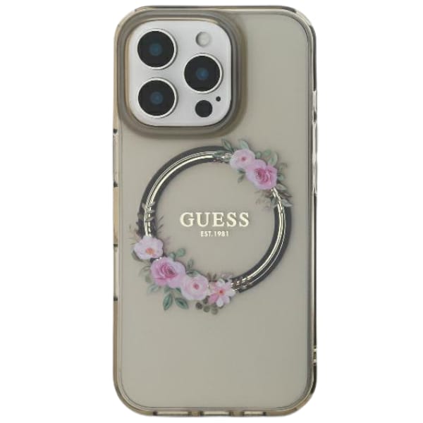 Oryginalne Etui IPHONE 16 PRO MAX Guess Hardcase IML Flowers Wreath MagSafe (GUHMP16XHFWFCK) czarne