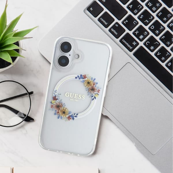Guess GUHMP16SHFWFCP iPhone 16 6.1" różowy/pink hardcase IML Flowers Wreath MagSafe