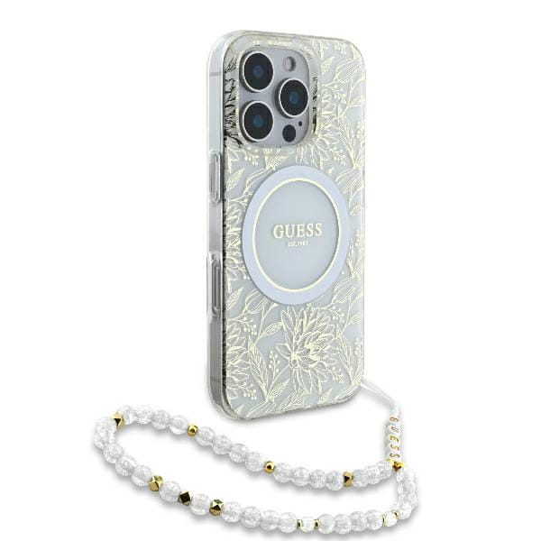 Guess GUHMP16XHCPOFPH iPhone 16 Pro Max 6.9" biały/white hardcase IML Flowers Allover Electro With Pearl Strap MagSafe