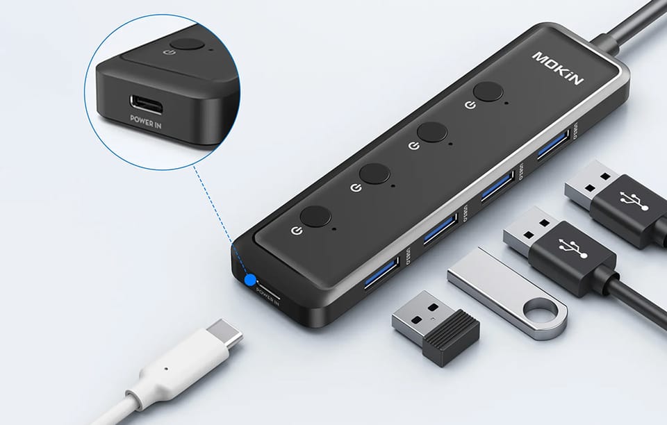 HUB 5 w 1 MOKiN USB-A3.0 do 4xUSB-A + 1xUSB-C DC (czarny)