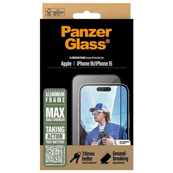 PanzerGlass Screen Protector AluminumFrame iPhone 16 / 15 6.1" Ultra-Wide Fit 2849